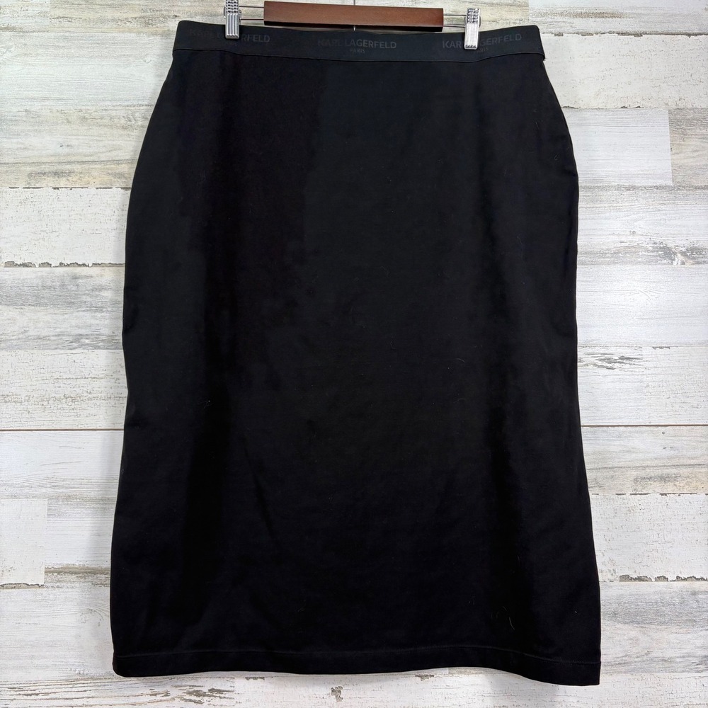 KARL LAGERFELD PARIS Black Knit Stretch Pencil Skirt XL‎ Pull On Logo Waistband
